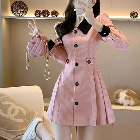 [아리엘스타일]배색카라원피스 플레어 버튼원피스 핑크썸원피스