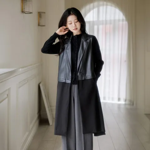 [제작] 페이크레더 하프앤하프 롱 베스트_2color
