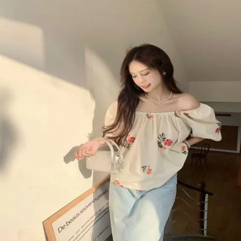 블라우스 셔츠 브라우스 남방 여자 아이보리 플라워 오프숄더 반