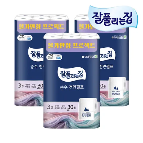 잘풀리는집 순수 천연펄프 3겹 두루마리 휴지 화장지 27M 30롤 X 3개