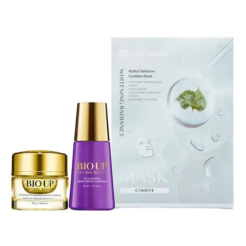 Natural Beauty 60일 브라이트닝 및 리페어 세트  하이드라 솔루션 쿠션 마스크 (화이트닝 레이디언스)+어드바이스 레이디언스 멀티-디펜스 톤업 크림 SPF50+377 야광 브라