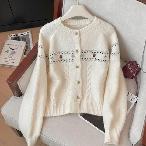 꽃자수가디건 여성 라운드 넥 가을 겨울 꽃 자수 가디건 화이트