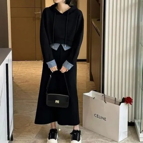 [옷은날개] 데님 레이어드 후드 치마 투피스 세트 롱치마 티셔츠 후드티셔츠 티셔츠 데님 롱 긴 치마 후드티셔츠