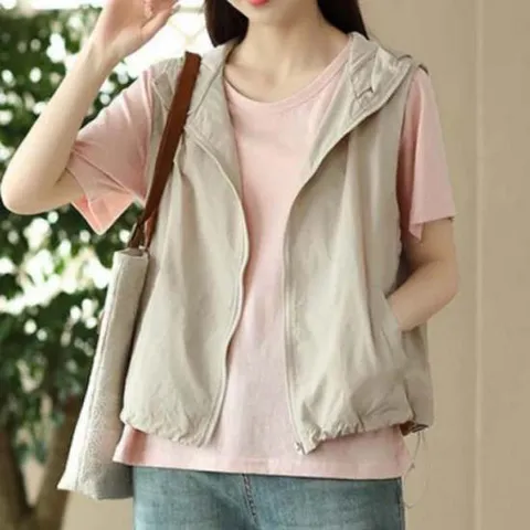 여성 여름 데일리 장마 우븐 집업 후드 베스트 조끼