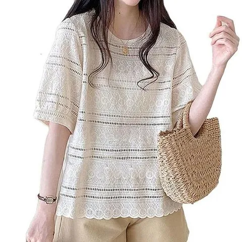 여름블라우스 패션 여름 펀칭 블라우스 반팔티 여성 티셔츠