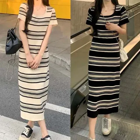 데일리원피스 여성 스퀘어넥 스트라이프 롱 원피스