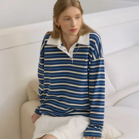 [ 롯데백화점 ][아워호프] 라일리 스트라이프 카라 티셔츠 - Navy [HK26SP-TS16-NAV]