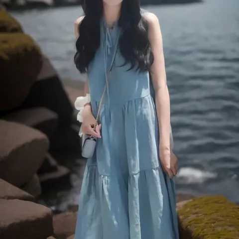 [sale] 여성 데님 스타일 리본 청스타일의 롱원피스