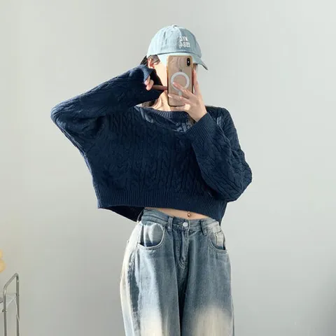 [굿쇼핑몰_의류]모던 내추럴 세미크롭 꽈베기 케이블 루즈핏 니