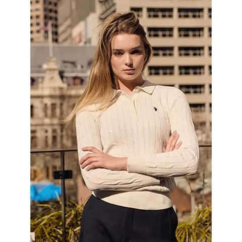 [USPA] 코튼 폴로 니트 여성(멜란지 오트밀)