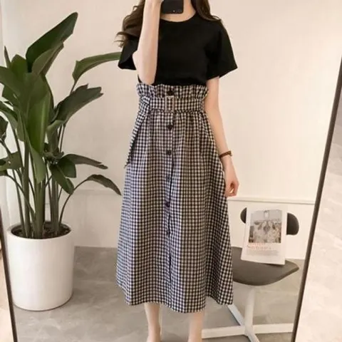 [옷은날개] 그리드체크 롱라인 롱스커트 하프티 캐주얼 세트아이템 세트업우먼 의류 봄옷 여름옷 가을옷 커플룩 나들이