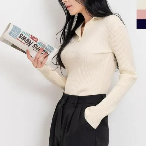 [의류] 여자 직장룩 슬림핏 카라니트티셔츠