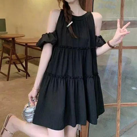 돌잔치엄마원피스 홀터넥 캉캉 프릴 원피스 a라인 핏 밴딩 소매 캐주얼