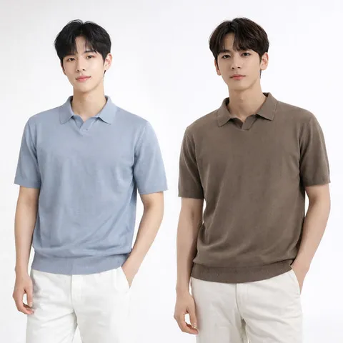 여름 솔리드 패턴 COOL 니트 카라넥 반팔 티셔츠 브이넥 남성 남자