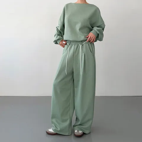 여성 오버사이즈 보트넥 맨투맨 끈 조절 와이드 핏 세트