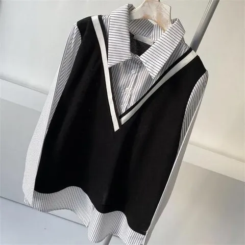 [강물처럼]빅사이즈사랑해요 C576L201 조끼배색카라잔줄셔츠 BS