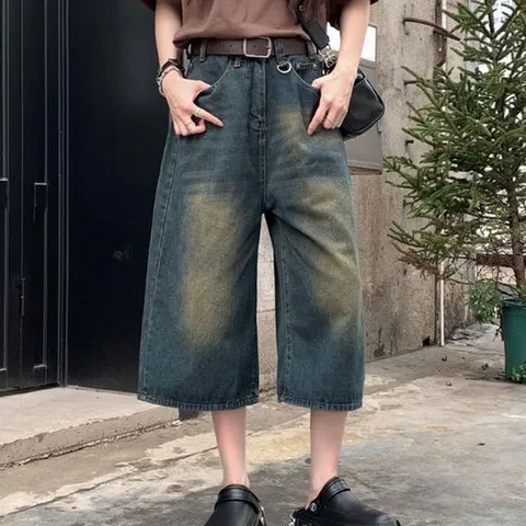 여성 와이드핏 빈티지 7부 데님 팬츠 여름 청바지