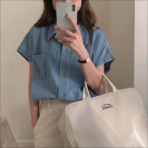 청남방 2 반팔셔츠 캐주얼 데님 블라우스 루즈핏 여자