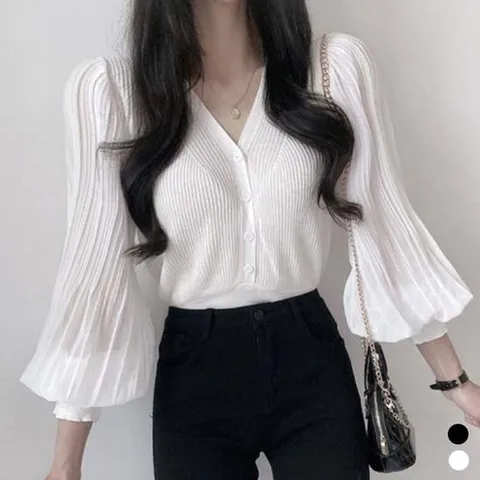 브이넥 골지 가디건 블라우스 유니크 러블리 퍼프셔링