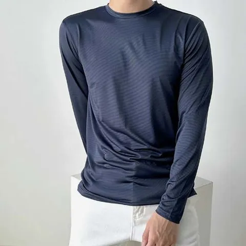 남성 여름 폭염 네이비색 라운드 긴팔티 이너 쿨
