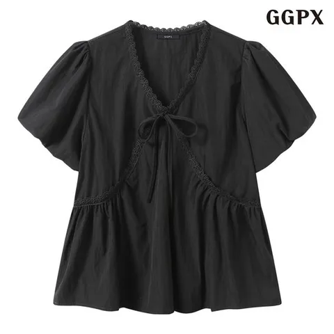 [GGPX]리본 포인트 브이넥 소매 벌룬 반팔 블라우스 (GQBBA003D)