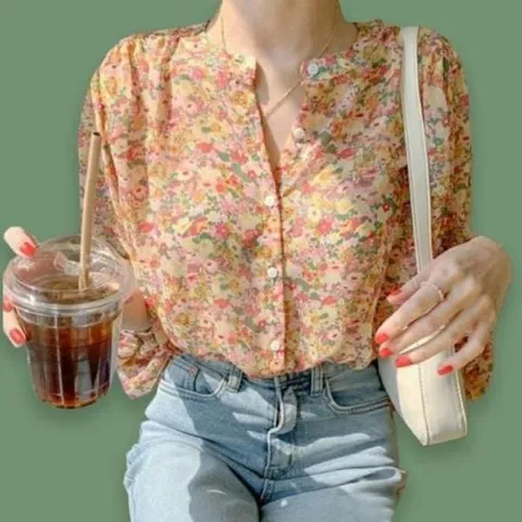 꽃무늬블라우스 무늬 오렌지 꽃 소매 벌룬 블라우스 플라워