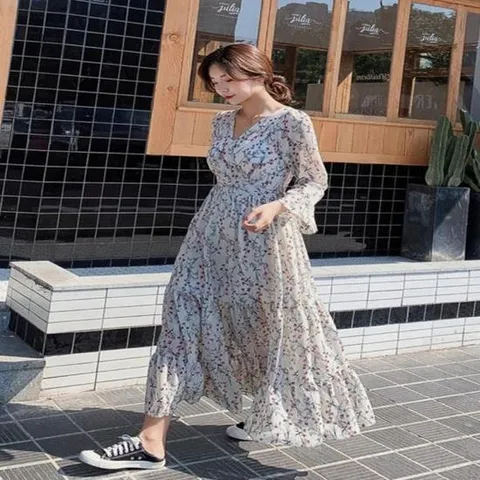 롱원피스 여성플라워롱원피스 2컬러 브이넥롱원피스 쉬폰원피스