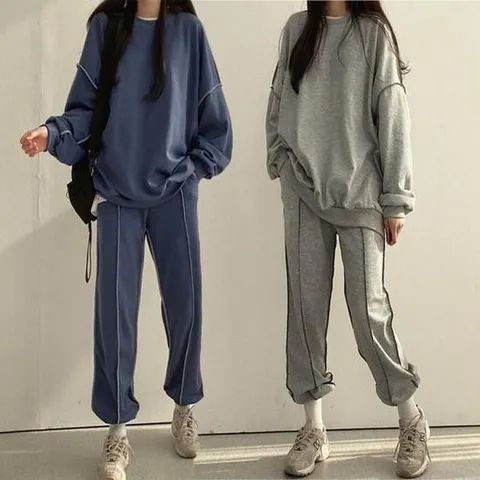 여자긴팔티셔츠 여자 라인 포인트 루즈핏 맨투맨 조거팬츠 세트