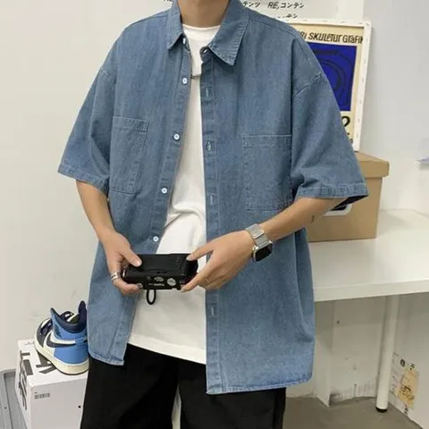 청셔츠 베이직 오버핏 데님 반팔셔츠 캐주얼 청남방 스트릿