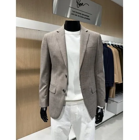 [ 롯데백화점 ]봄여름 윈도우체크 라인핏 브라운 콤비 자켓