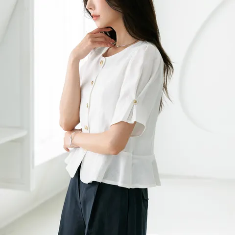 라운드넥 버튼 페플럼 블라우스_3color