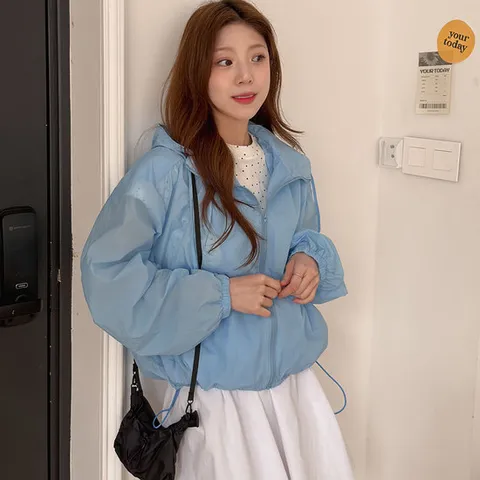 여성 봄철 캠퍼스 스타일 시스루 후드 바람막이 점퍼