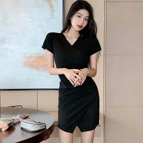 시크 블랙 미니 랩원피스 하객룩 30대 클럽 파티 반팔