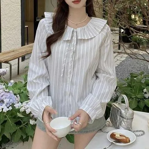 [SBD] 카라 넥 스트라이프 블라우스 러 스트링 둥근