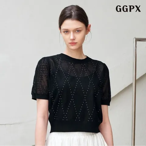 [GGPX]글리터 포인트 시스루 반팔 니트 (GQBKT007D)
