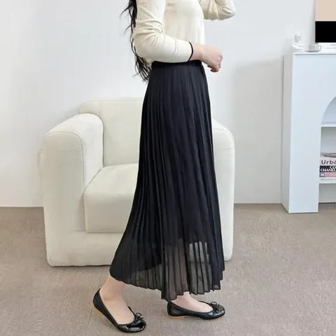 캐쥬얼스커트 쉬폰 플리츠 봄 여름 가을 여성 밴딩 롱스커트 치마