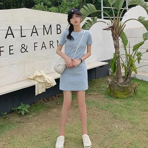 여자여름반팔원피스 여자 학생 코디 심플한 데일리 반팔 미니 원피스