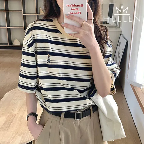 [헬렌] 테디베어 패치 캐주얼 스트라이프 라운드넥 반팔 티셔츠 위니단가라반팔 B-999