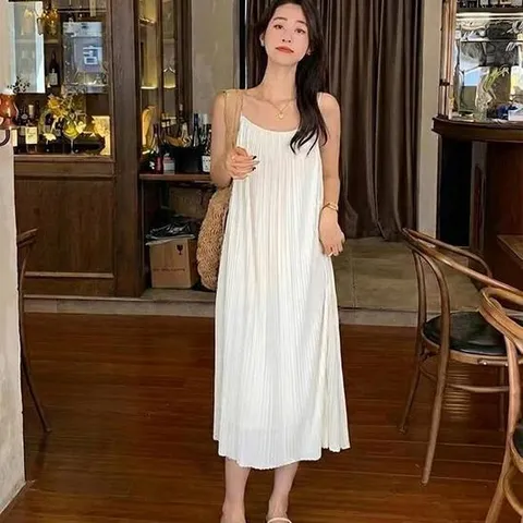 [프리티 글라라]여성 플리츠 루즈핏 민소매 끈나시 롱 원피스 (4