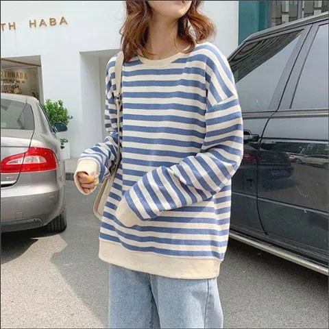 캐주얼 데일리 스트라이프 루즈핏 긴팔 단가라 티셔츠
