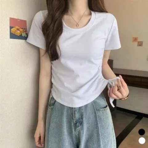 여성반팔티 여자 반팔티 여성 스트링 어깨 셔링 티셔츠 셔링티