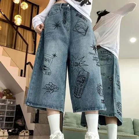 여성 7부 와이드핏 청바지 캐주얼 스트릿 데님팬츠 7부바지
