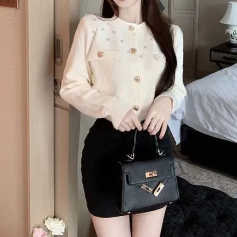 블루 가디건 하트버튼 다이아 아이보리