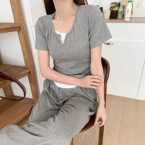 여성 면폴리 브이넥 반팔 티셔츠 와이드팬츠 세트