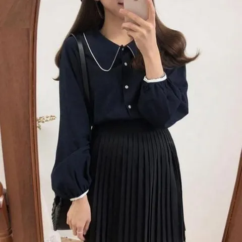 [SBD] 귀여운 트랜드패션 배색포인트 긴팔블라우스 둥근카라