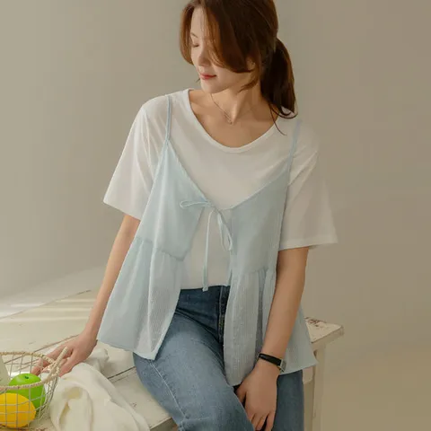 [66-100] 사레 스트랩 플레어 뷔스티에 티