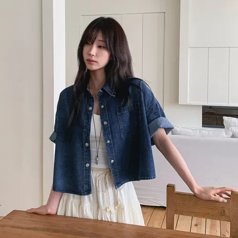 [시크블랙]랄라두 포켓 크롭 데님 반팔 셔츠
