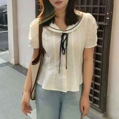 [기타브랜드]세일러 카라 리본 블라우스 여성 데일리 셔츠