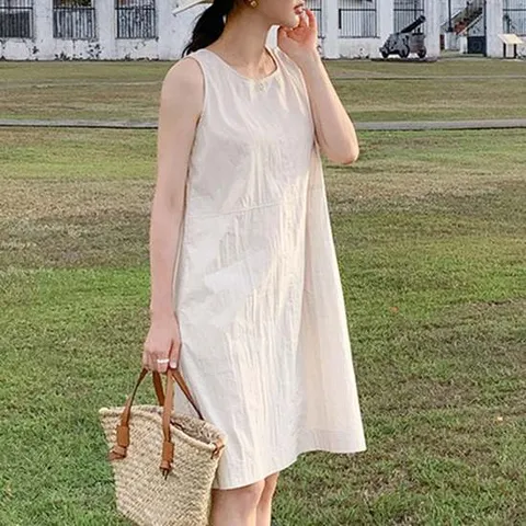 여름 린넨 나시 원피스 라운드넥 휴양지 원피스룩
