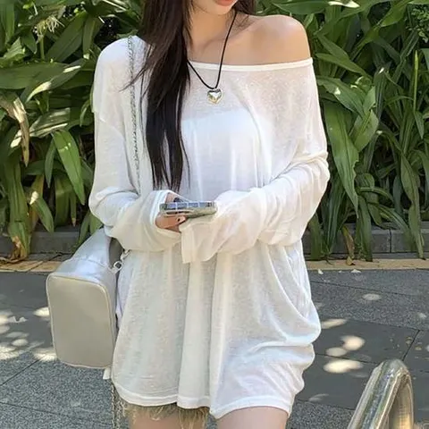 여름긴팔티셔츠 유넥 자외선차단 루즈핏 시스루 긴팔티셔츠